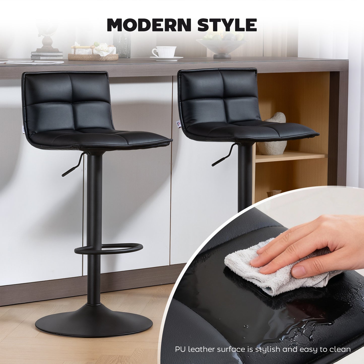 Bar Stools Set of 2 Swivel Height Adjustable Barstools Black