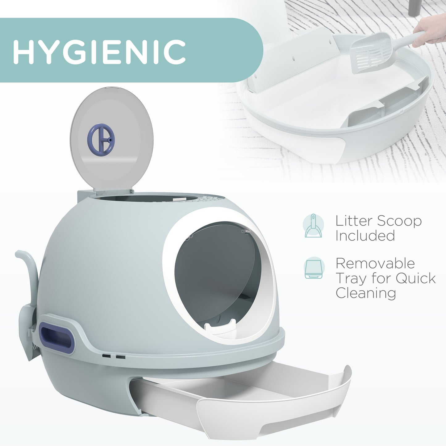Cat Litter Box Toilet With Litter Scoop Enclosed Drawer Skylight Easy To Clean Blue