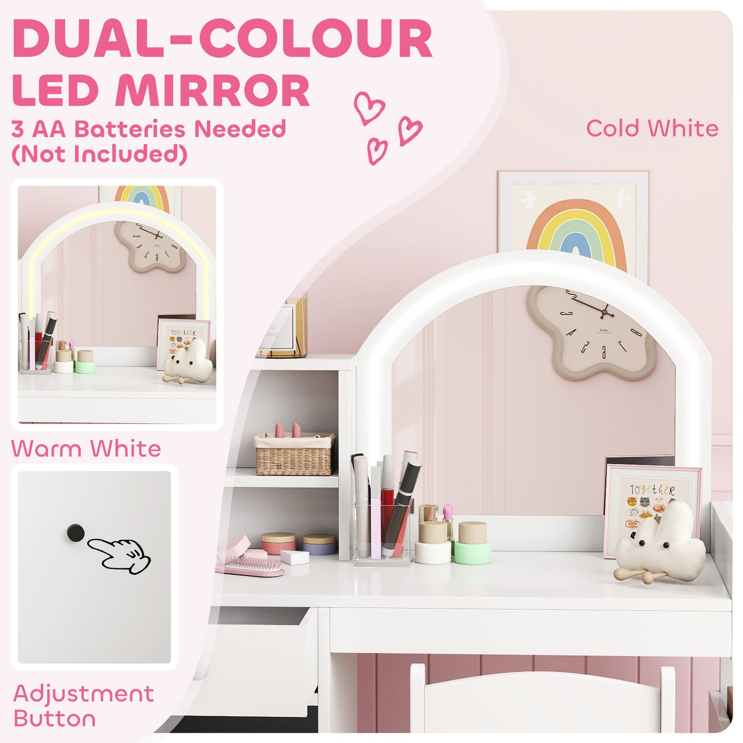 Kids Vanity Table and Chair Set, Girls Dressing Table with 2-Colour LED Mirror, Stool, Cabinet, Drawer, Bookshelf and Shelves for Ages 3-8 Years, White