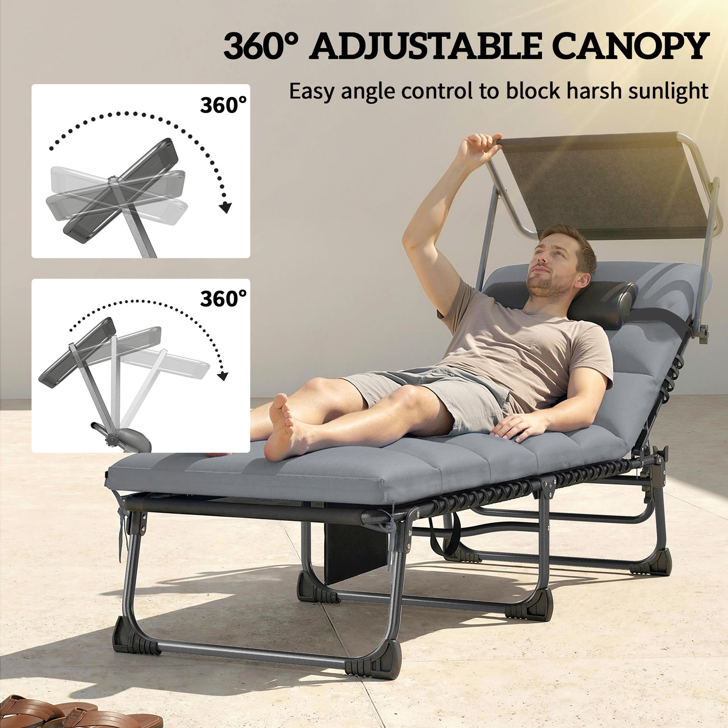 Folding Sun Loungers Set of 2, Sun Bed with Canopy, Light Grey