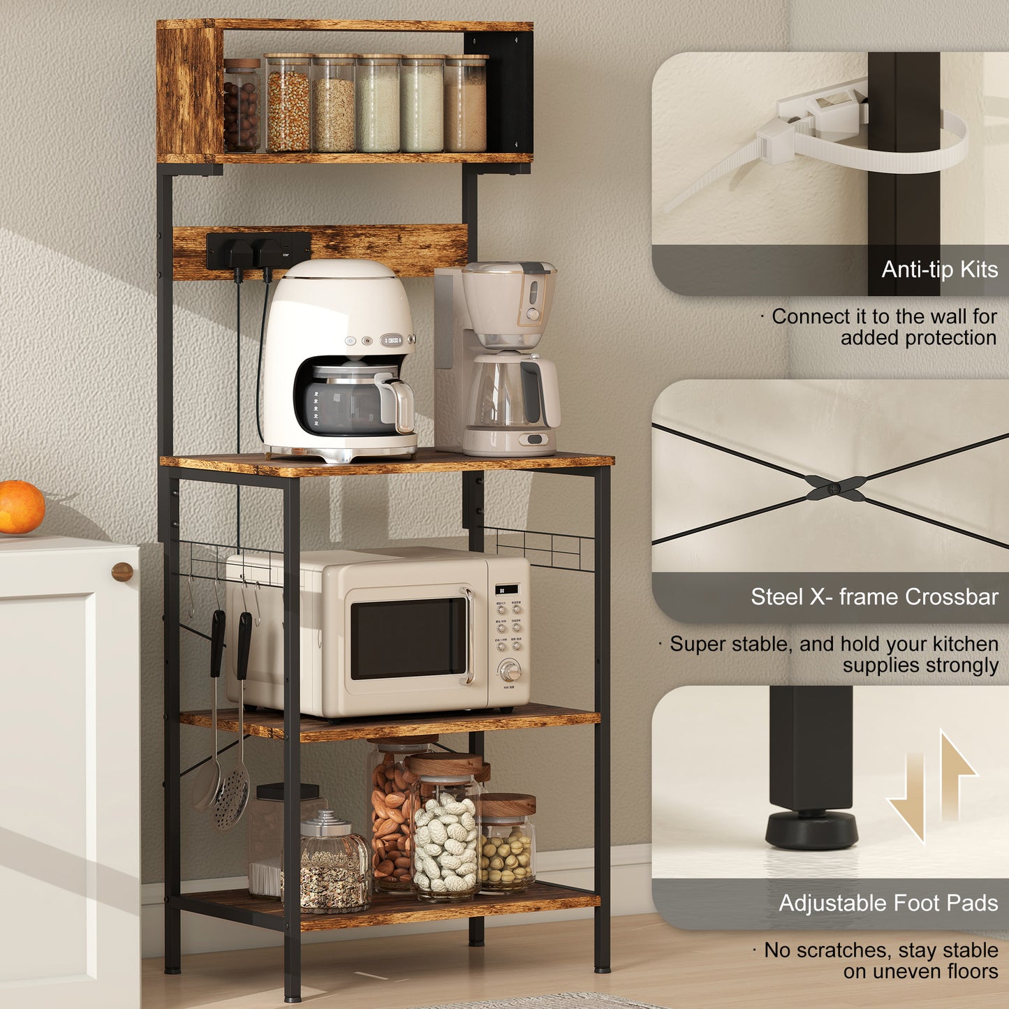 Bakers Rack with Power Outlet, 5 Hooks, Microwave Stand, Brown