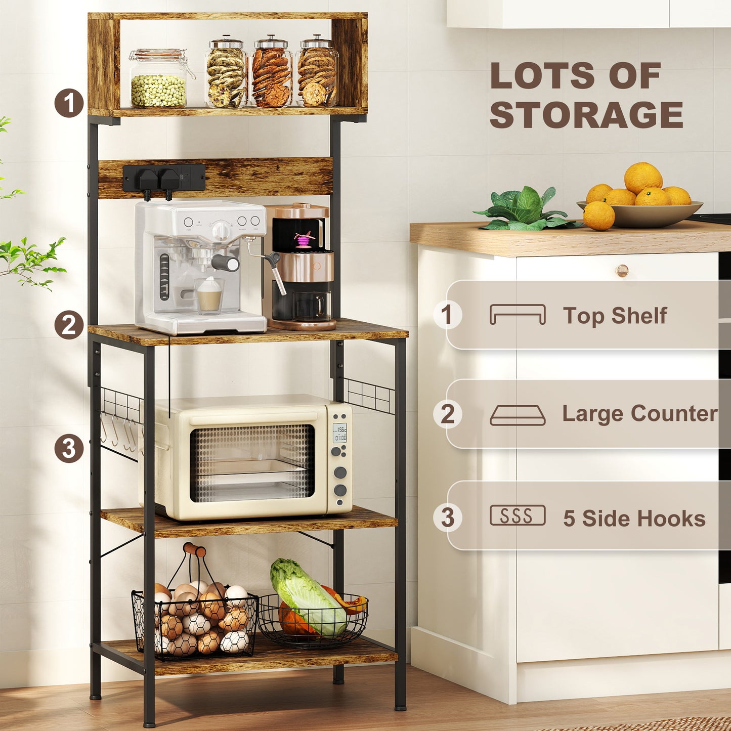 Bakers Rack with Power Outlet, 5 Hooks, Microwave Stand, Brown