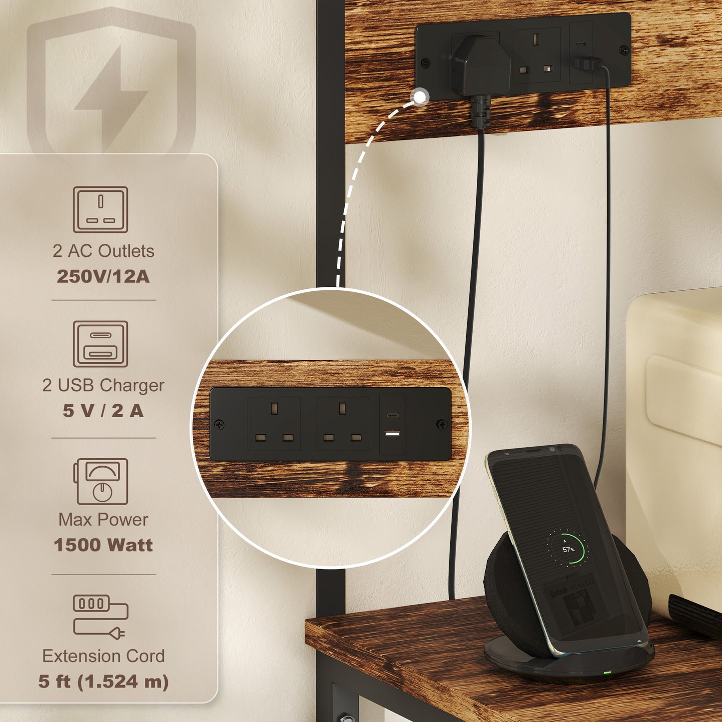 Bakers Rack with Power Outlet, 5 Hooks, Microwave Stand, Brown