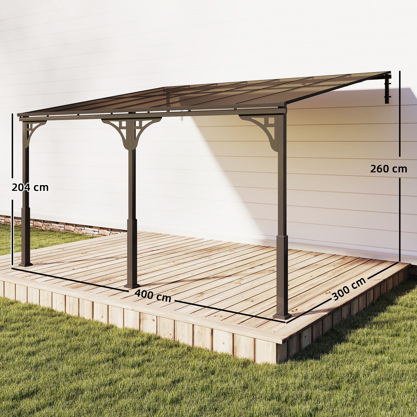4 x 3 m Metal Lean-to Hardtop Gazebo, Wall-Mounted Pergola