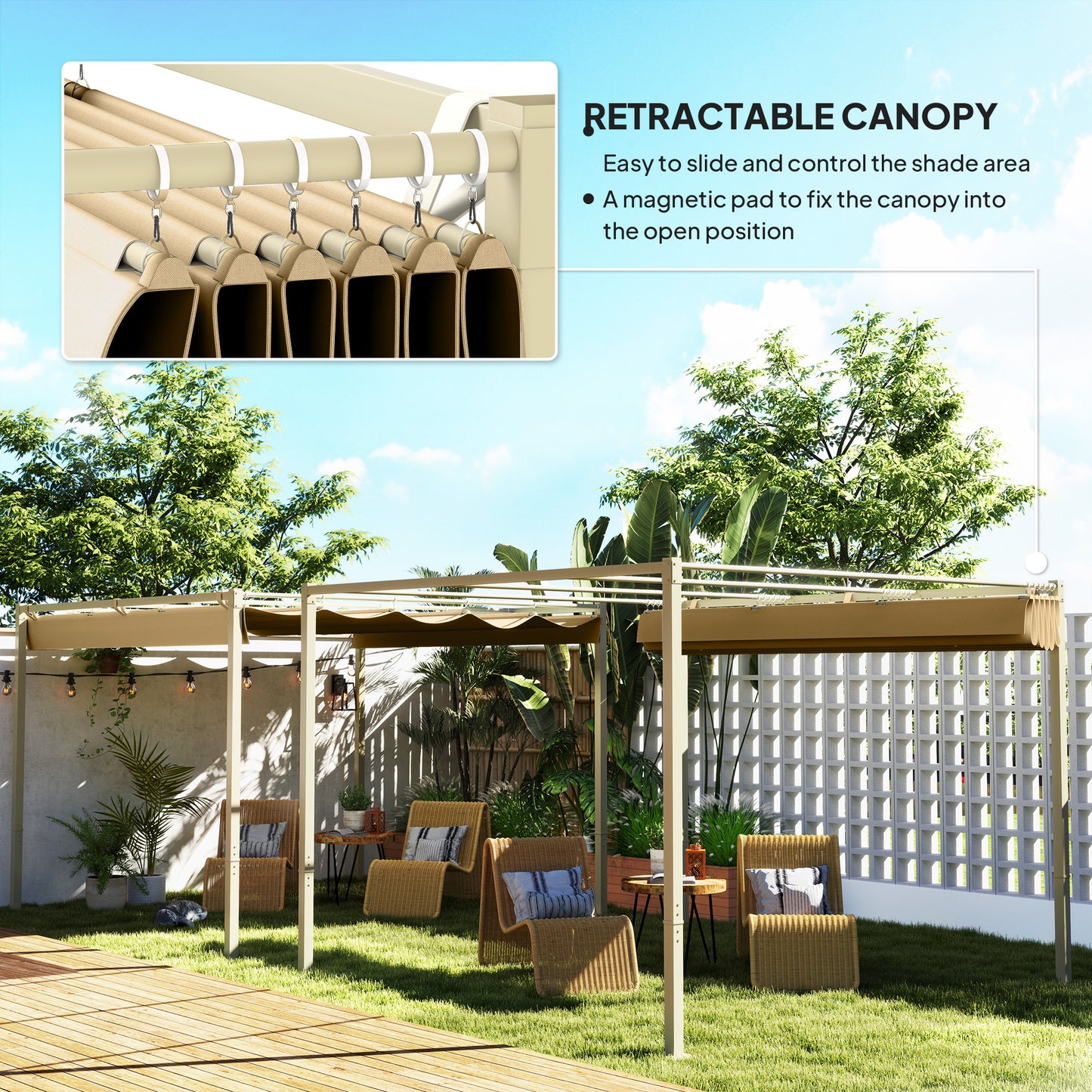 3 x 3(m) Garden Pergola with Retractable Roof, UPF30+, Khaki