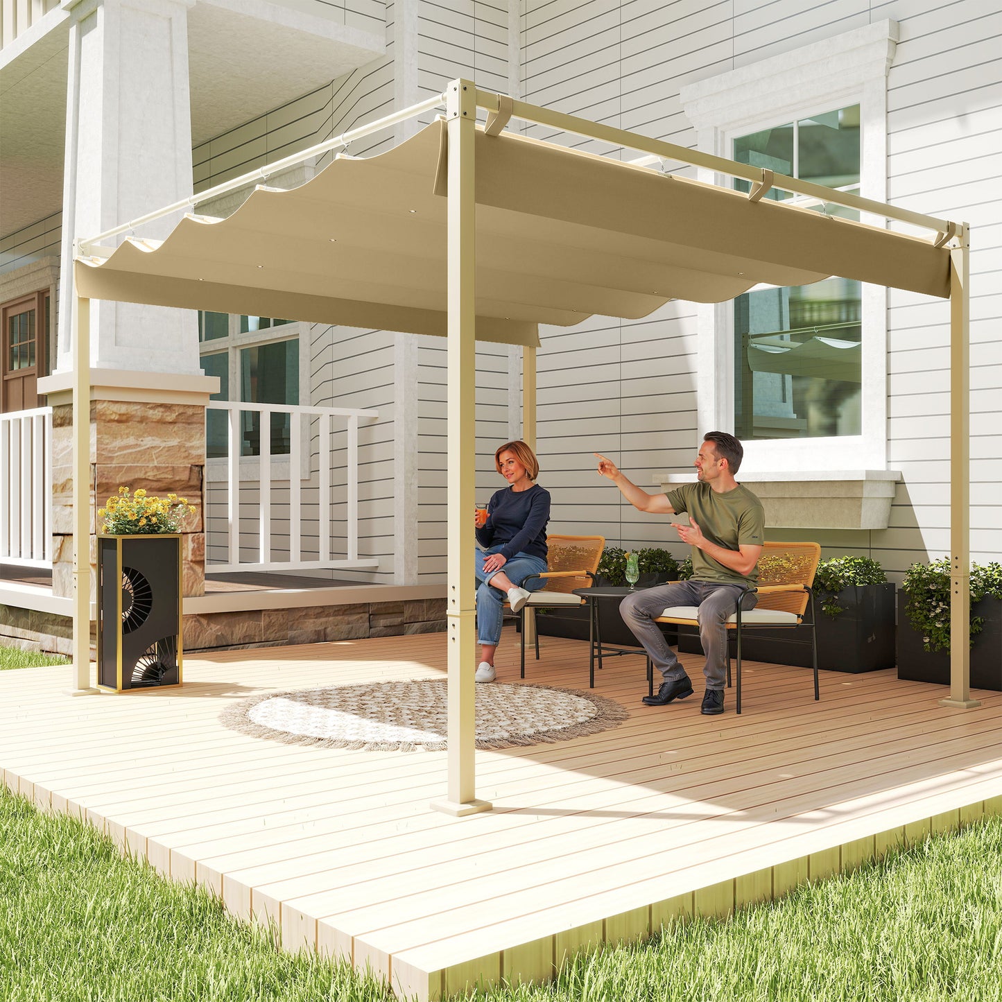 3 x 3(m) Garden Pergola with Retractable Roof, UPF30+, Khaki