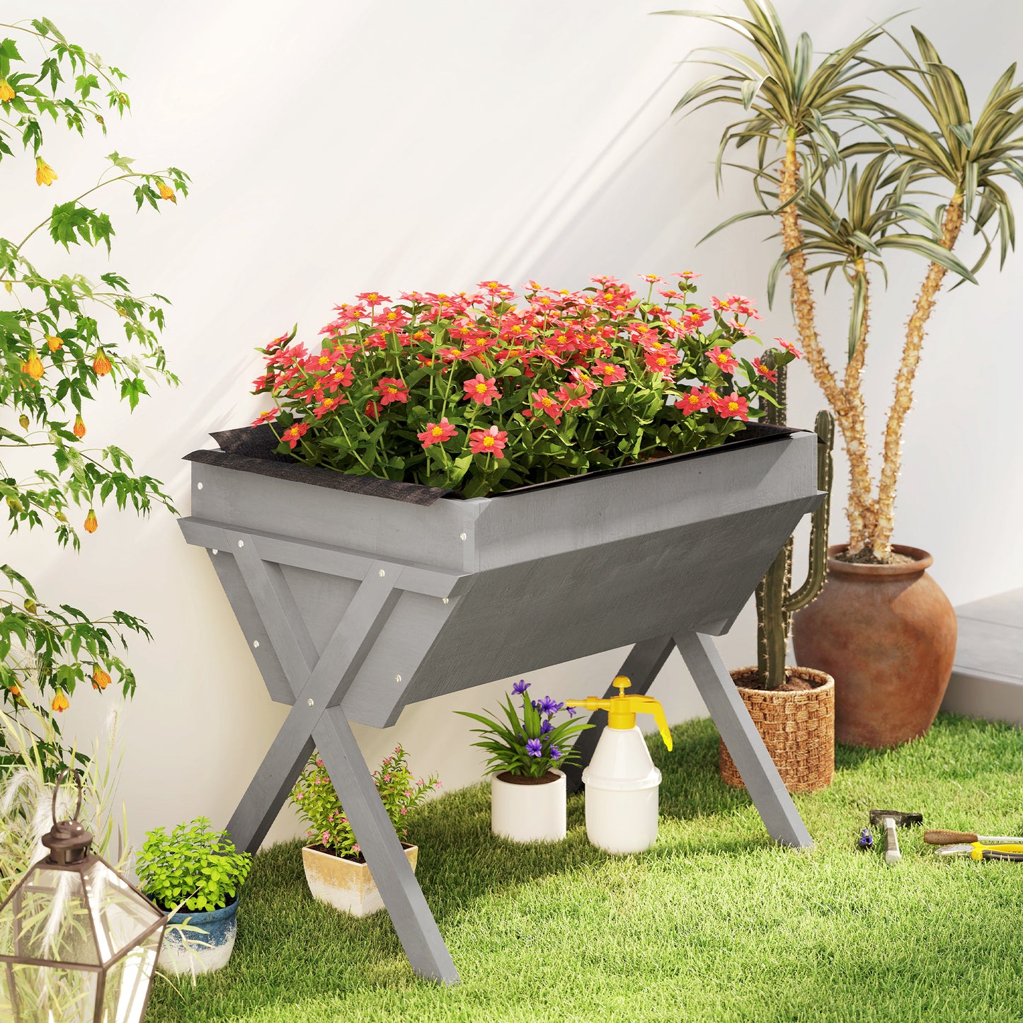 Wooden Planter Raised Bed Stand Vegetable Flower Bed, Light Grey