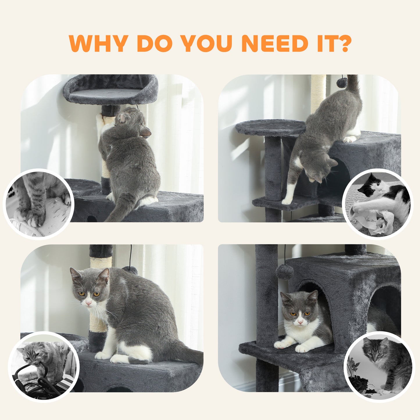 160cm Cat Tree Tower with Sisal Scratching Posts, Condos, Dark Grey