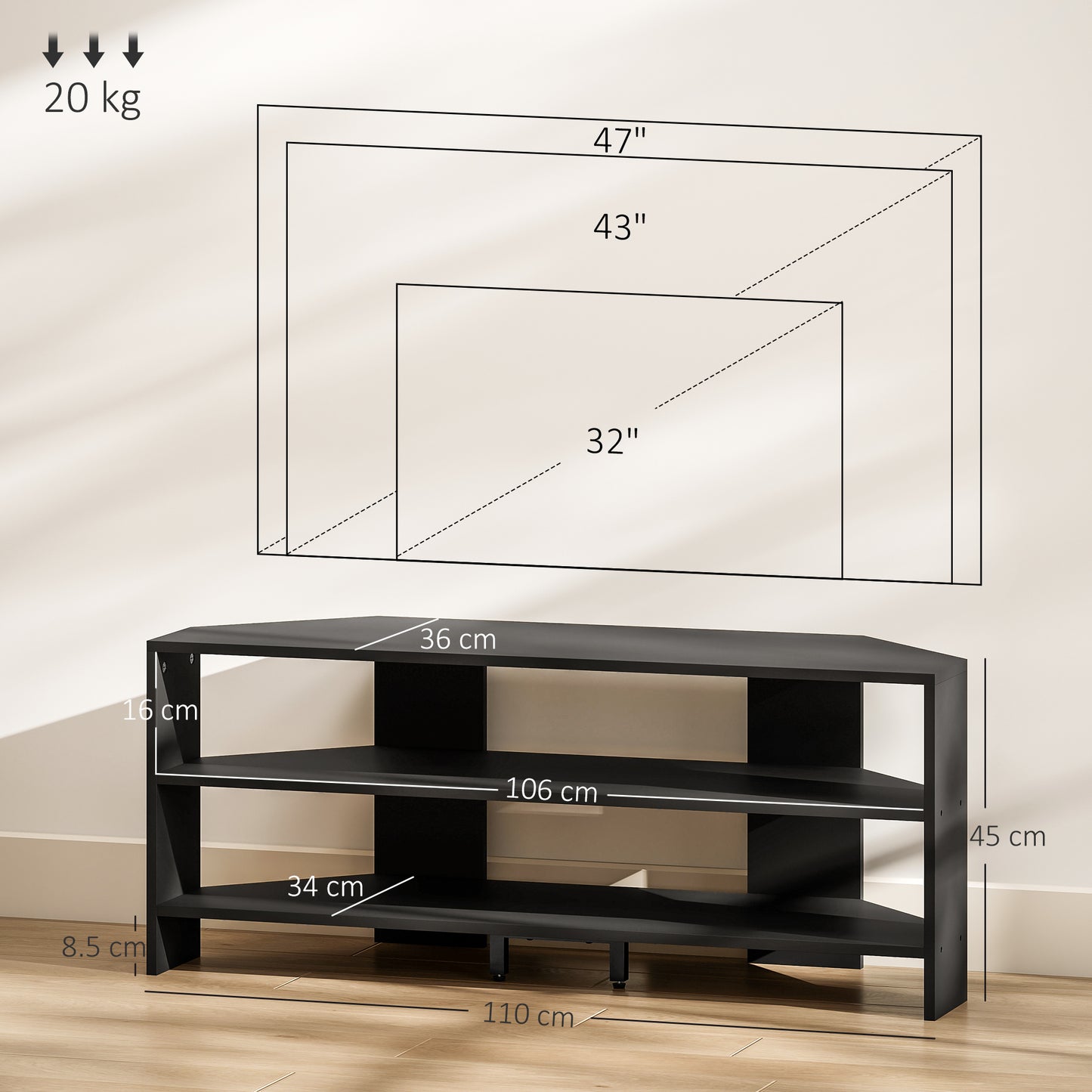 Corner TV Stand, TV Unit with Open Shelves for 47 Inch TV, Black