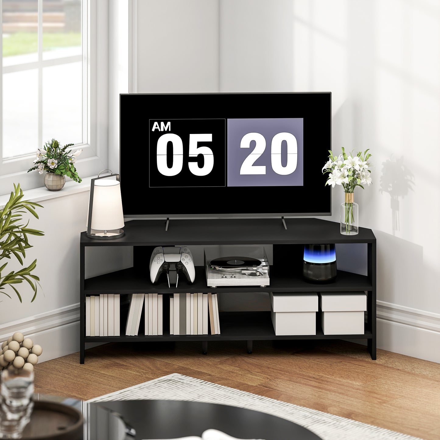 Corner TV Stand, TV Unit with Open Shelves for 47 Inch TV, Black