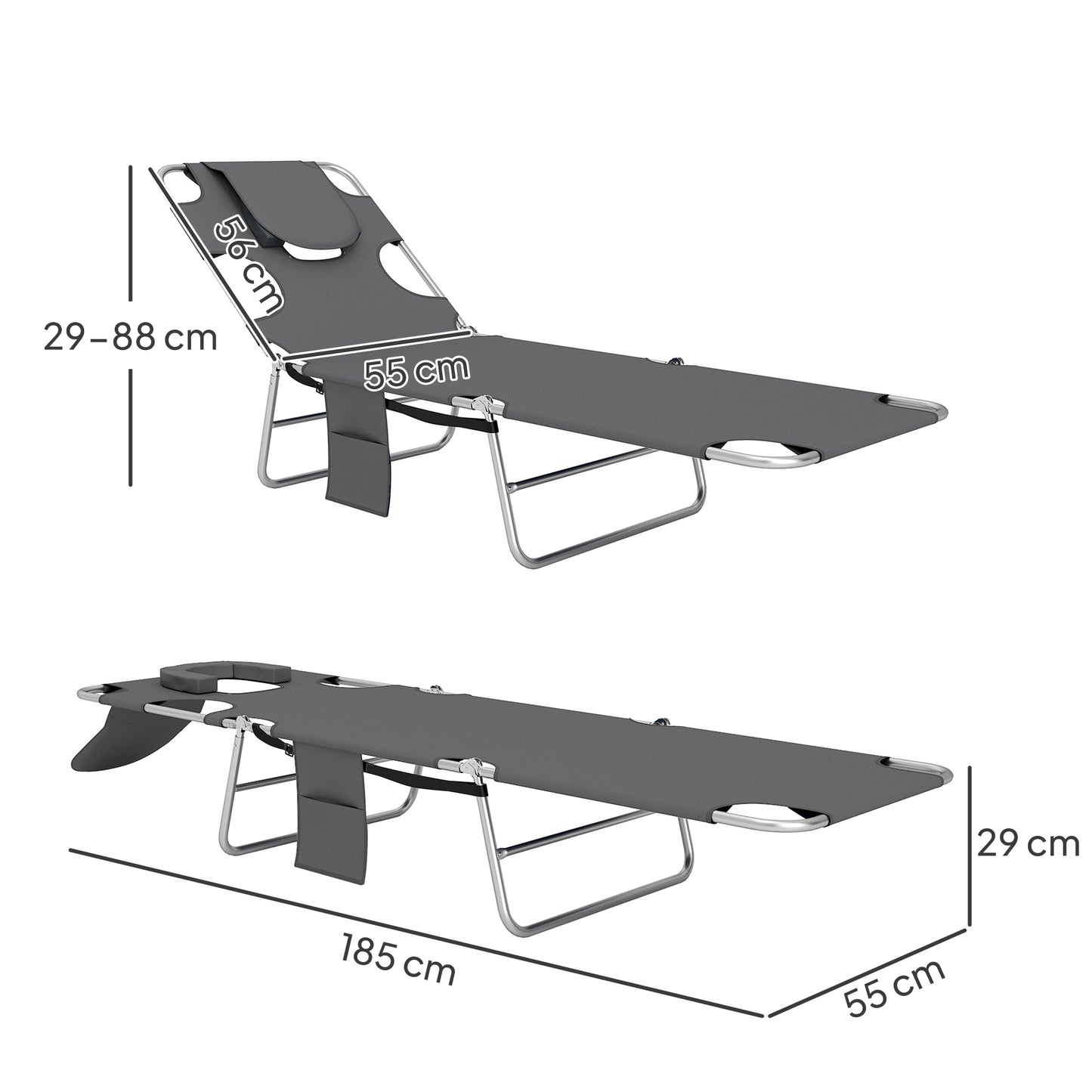 Sun Lounger with Reading Hole, Folding Garden Lounger, Dark Grey