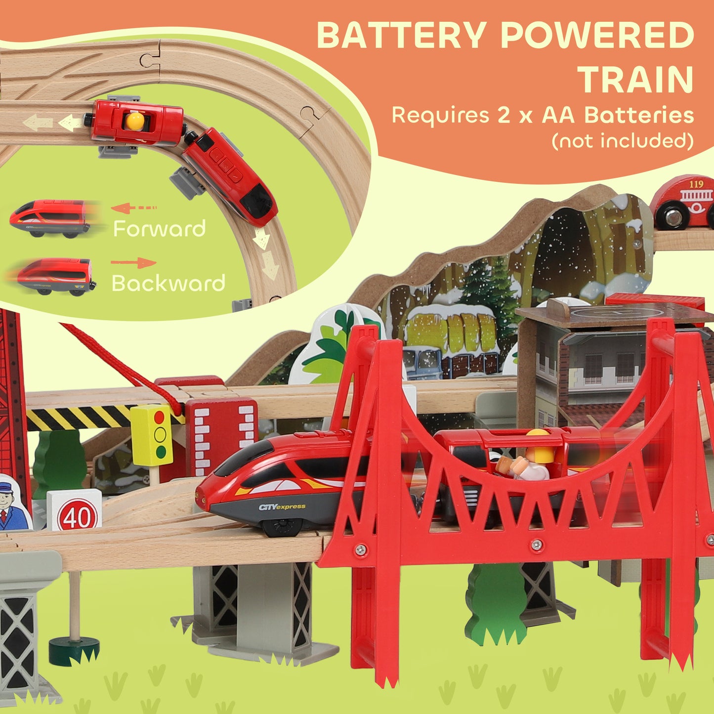 Wooden Train Set, 100 Piece Toy Train with Crane for 3+ Years Old