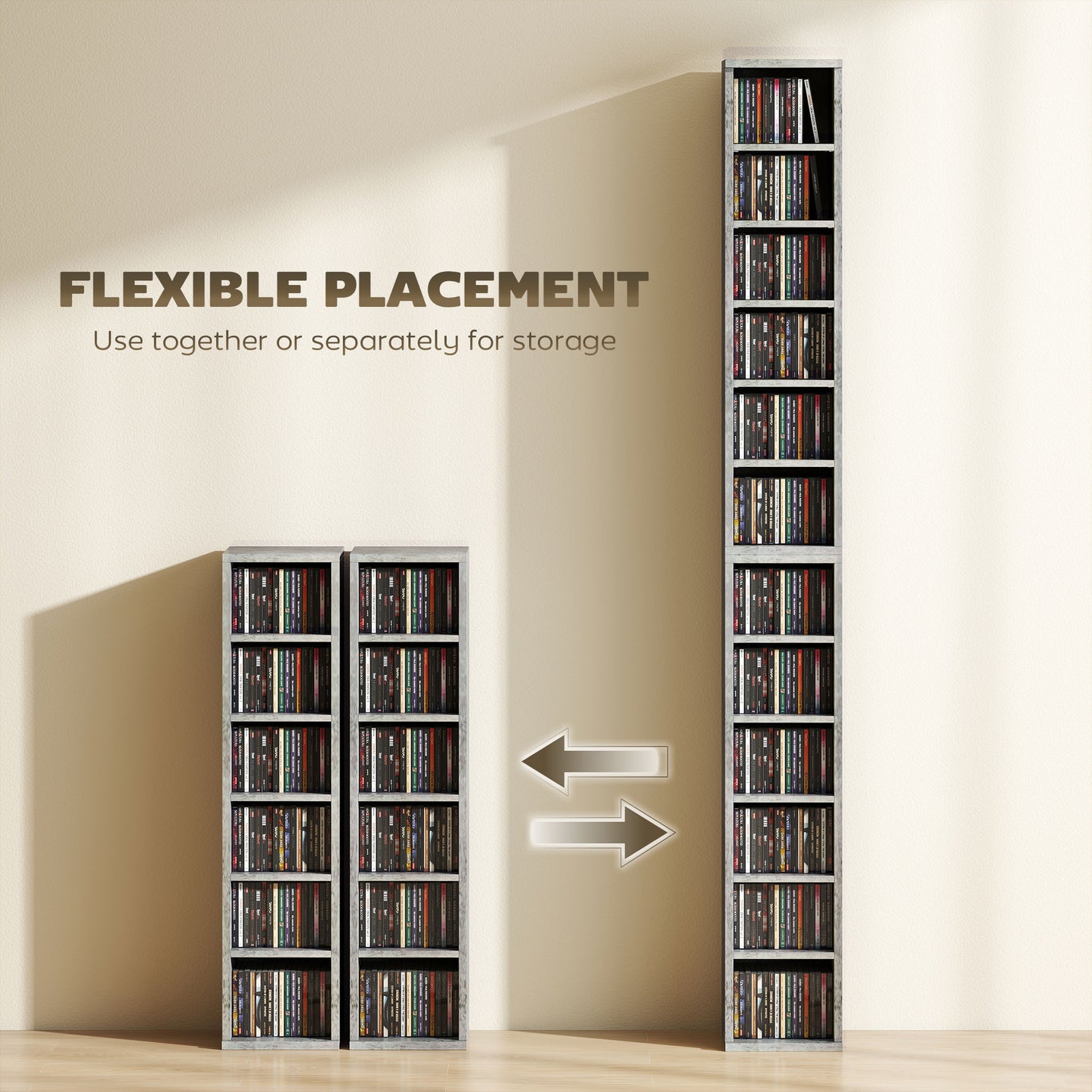 Set of 2 CD Storage Units DVD Shelf with Adjustable Shelves, Grey