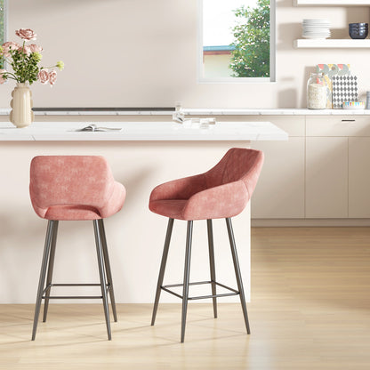 Bar Stools Set of 2, Velvet-Touch Fabric Counter Height Bar Chairs Pink