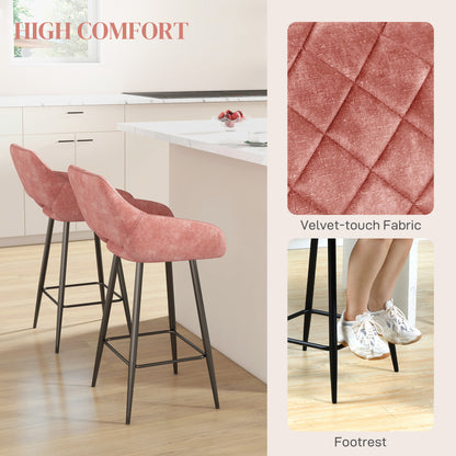 Bar Stools Set of 2, Velvet-Touch Fabric Counter Height Bar Chairs Pink