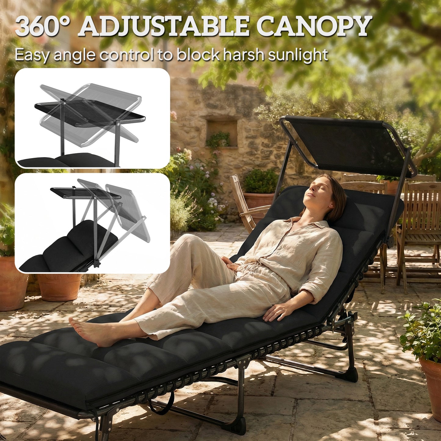 Folding Sun Lounger, Sunbed with Canopy, Black