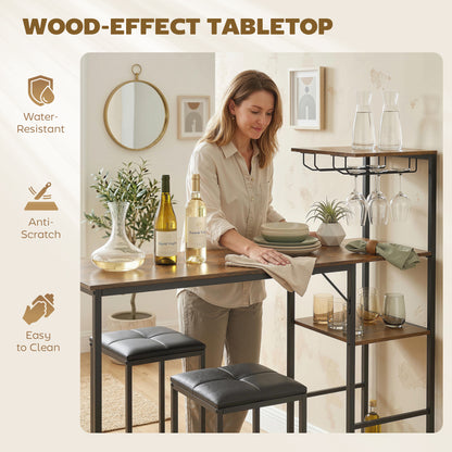 3Pcs Breakfast Bar Table and Stools Set 4-tier shelving, Rustic Brown