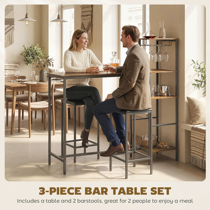 3Pcs Breakfast Bar Table and Stools Set 4-tier shelving, Rustic Brown