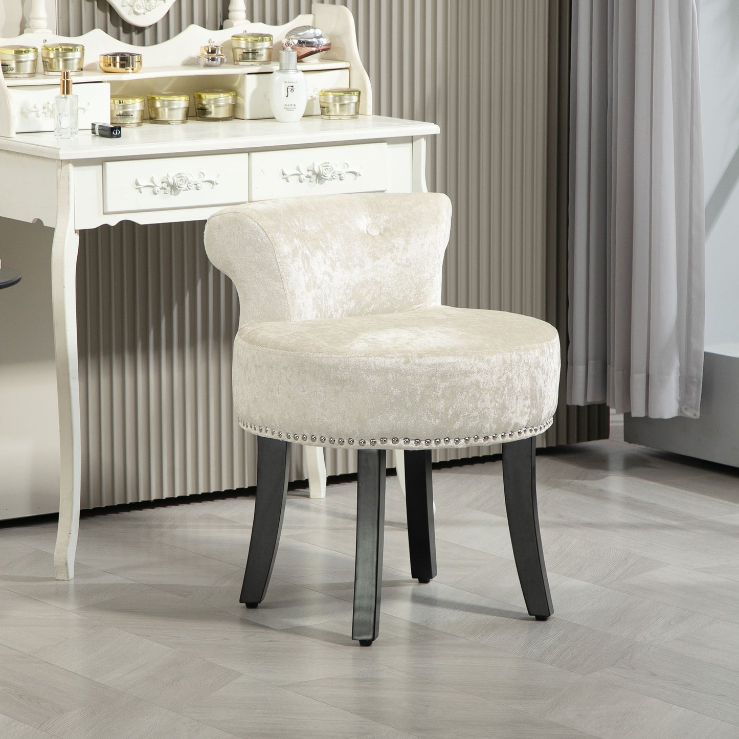 Dressing Table Stool Vanity Seat w/ Rubber Wood Legs Bedroom - Beige