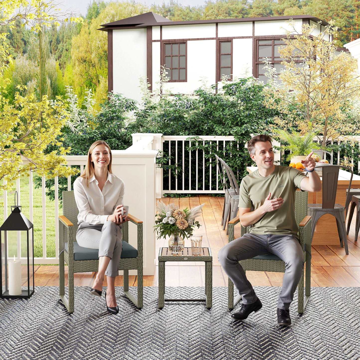 3-Piece Rattan Bistro Set with Acacia Wood Table, Grey