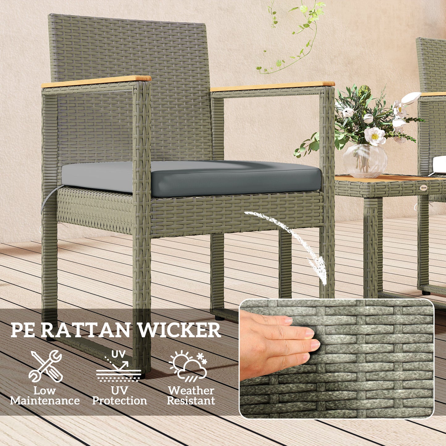 3-Piece Rattan Bistro Set with Acacia Wood Table, Grey