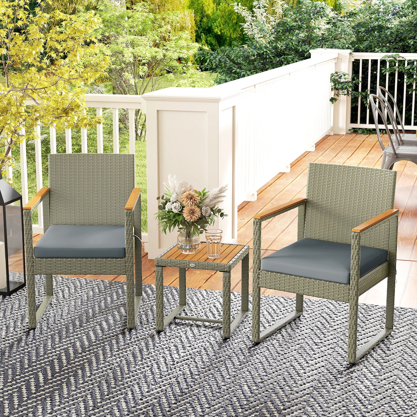 3-Piece Rattan Bistro Set with Acacia Wood Table, Grey