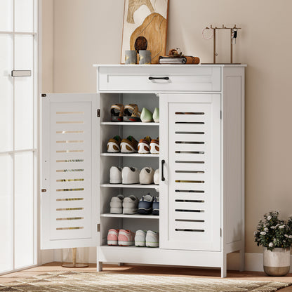 Modern Shoe Storage Cabinet with Louvered Doors and Drawer, White