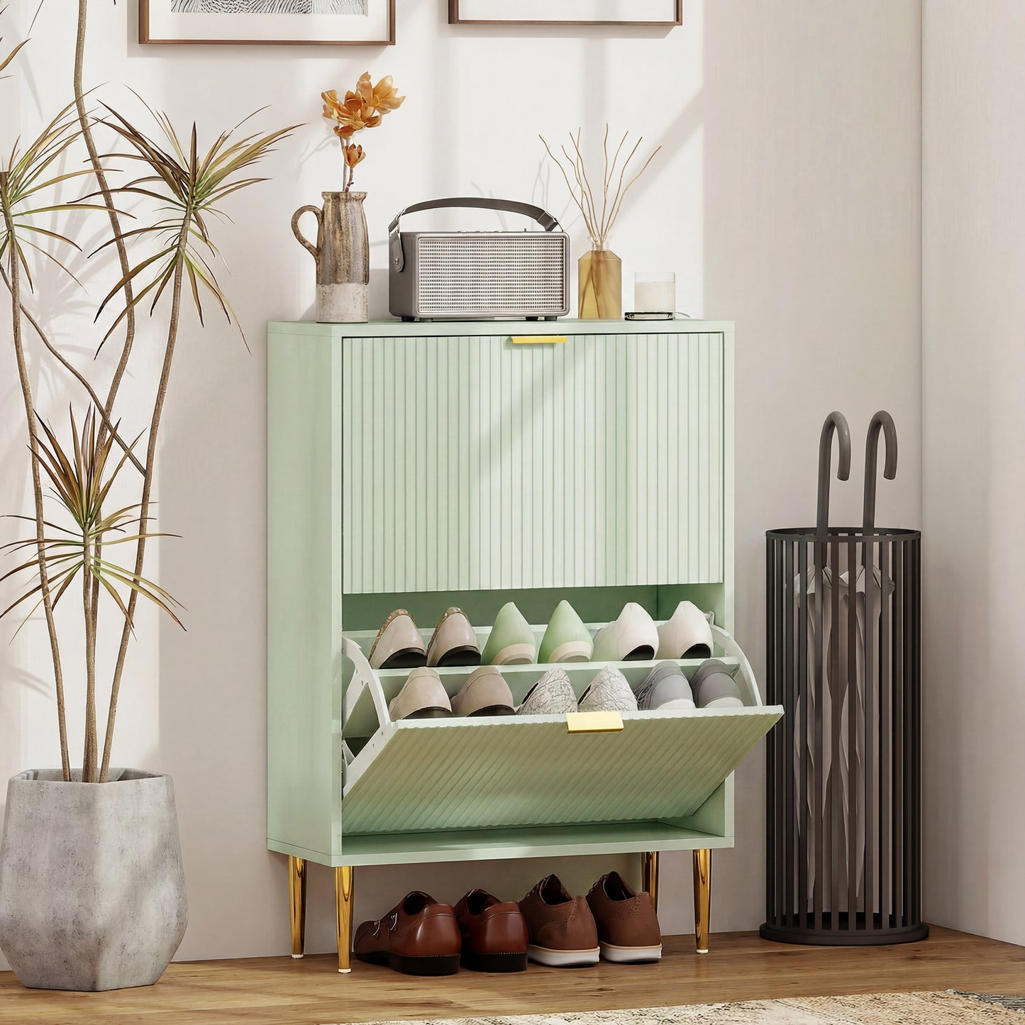 Narrow Shoe Cabinet with 2 Flip Drawers, Modern Slim Shoe Storage Cabinet with Fluted Doors and Adjustable Shelves for Hallway, Holds 6-12 Pairs, Light Green