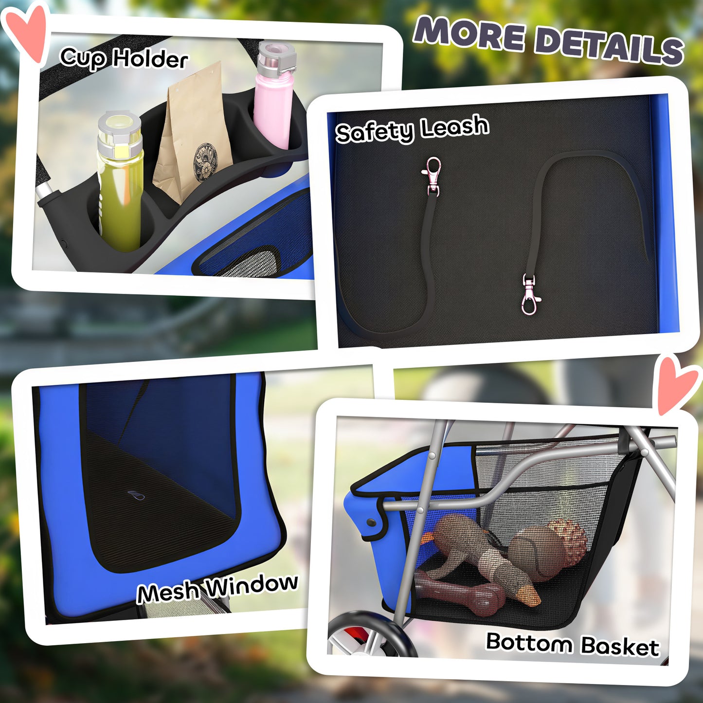 Dog Pram, Foldable Pet Stroller for Small Miniature Dogs Cats, Pet Buggy Pushchair with 360° Swivel EVA Wheels, Brake, Reflective Strips, Mesh Windows, Washable Cushion, Blue
