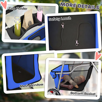 Dog Pram, Foldable Pet Stroller for Small Miniature Dogs Cats, Pet Buggy Pushchair with 360° Swivel EVA Wheels, Brake, Reflective Strips, Mesh Windows, Washable Cushion, Blue