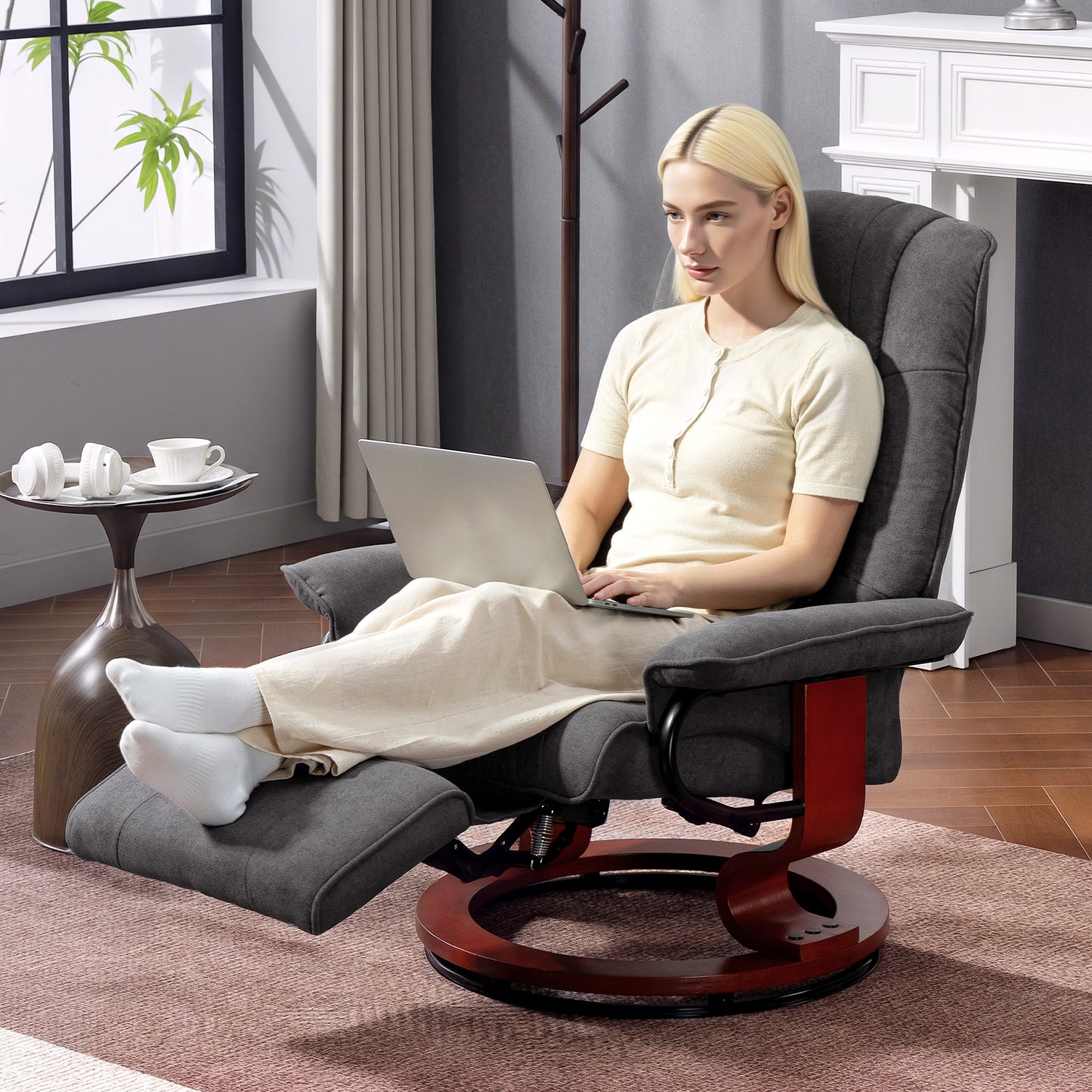 Manual Recliner Swivel Reclining Chair with Footrest Armrests Grey