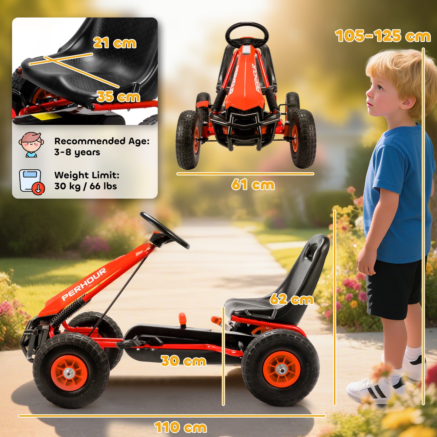 Kids Pedal Go Kart with Adjustable Seat, EVA Tyres, Red