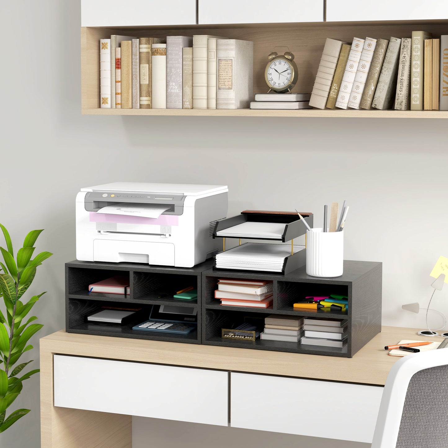 Desktop Printer Stand with 3 Open Compartments, Desk Organiser, Black