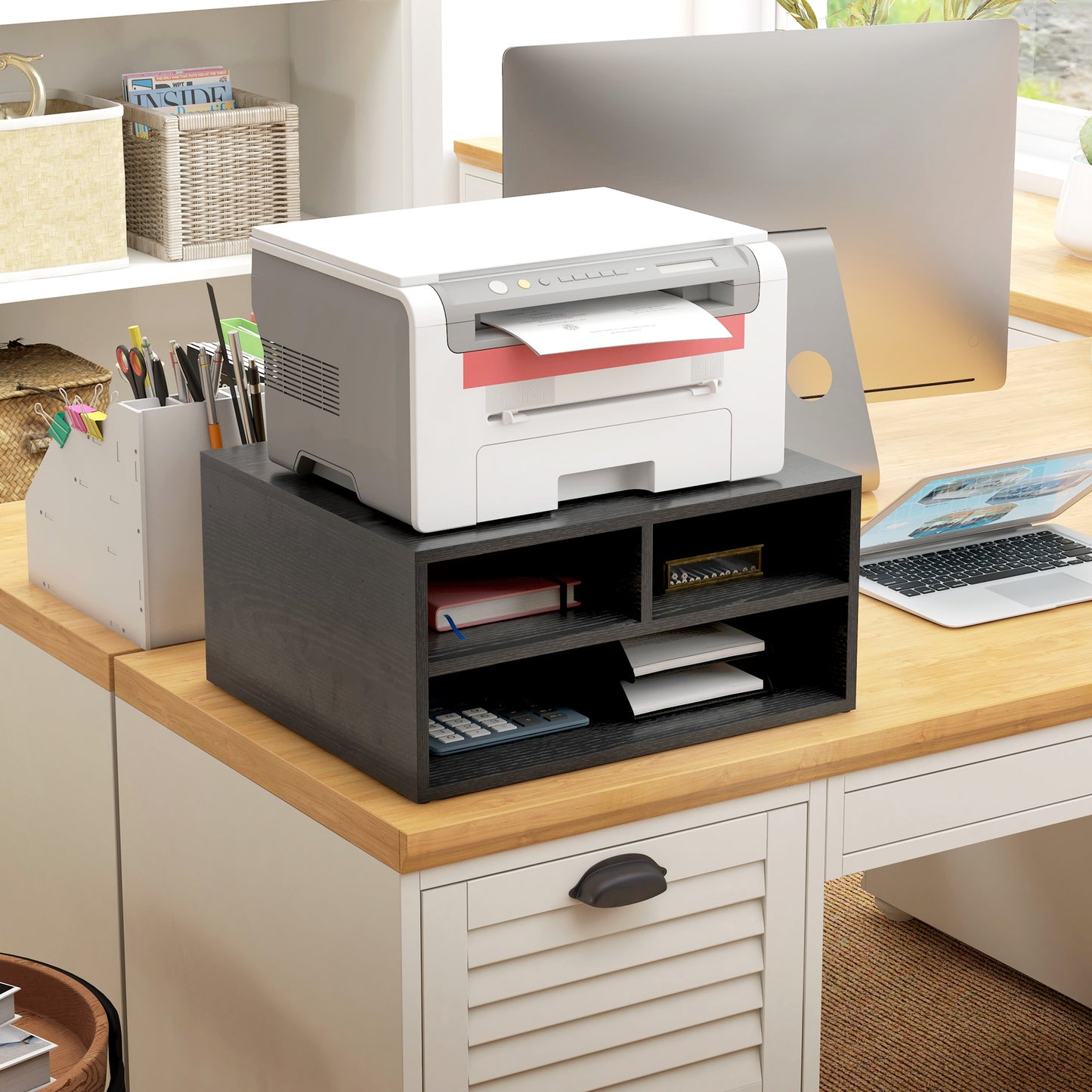 Desktop Printer Stand with 3 Open Compartments, Desk Organiser, Black