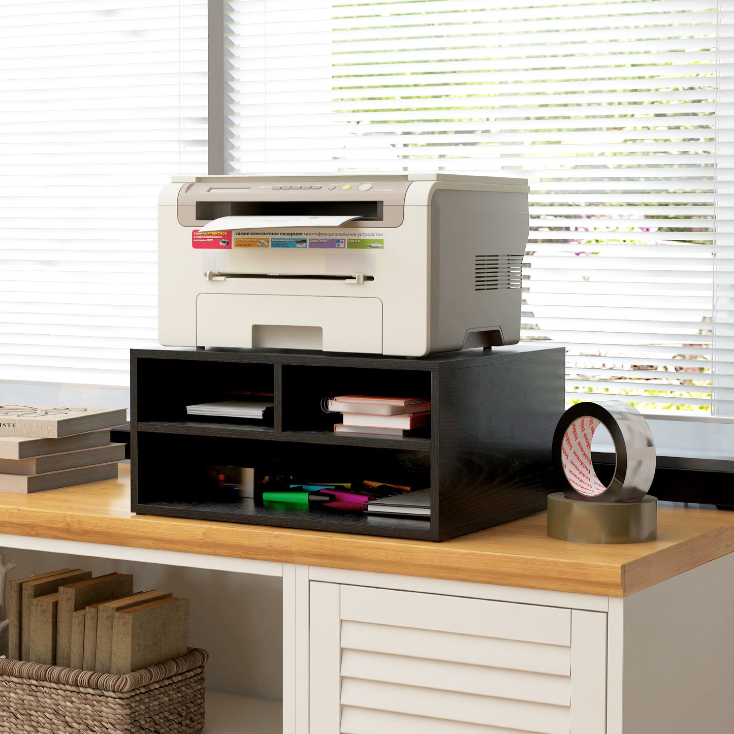 Desktop Printer Stand with 3 Open Compartments, Desk Organiser, Black