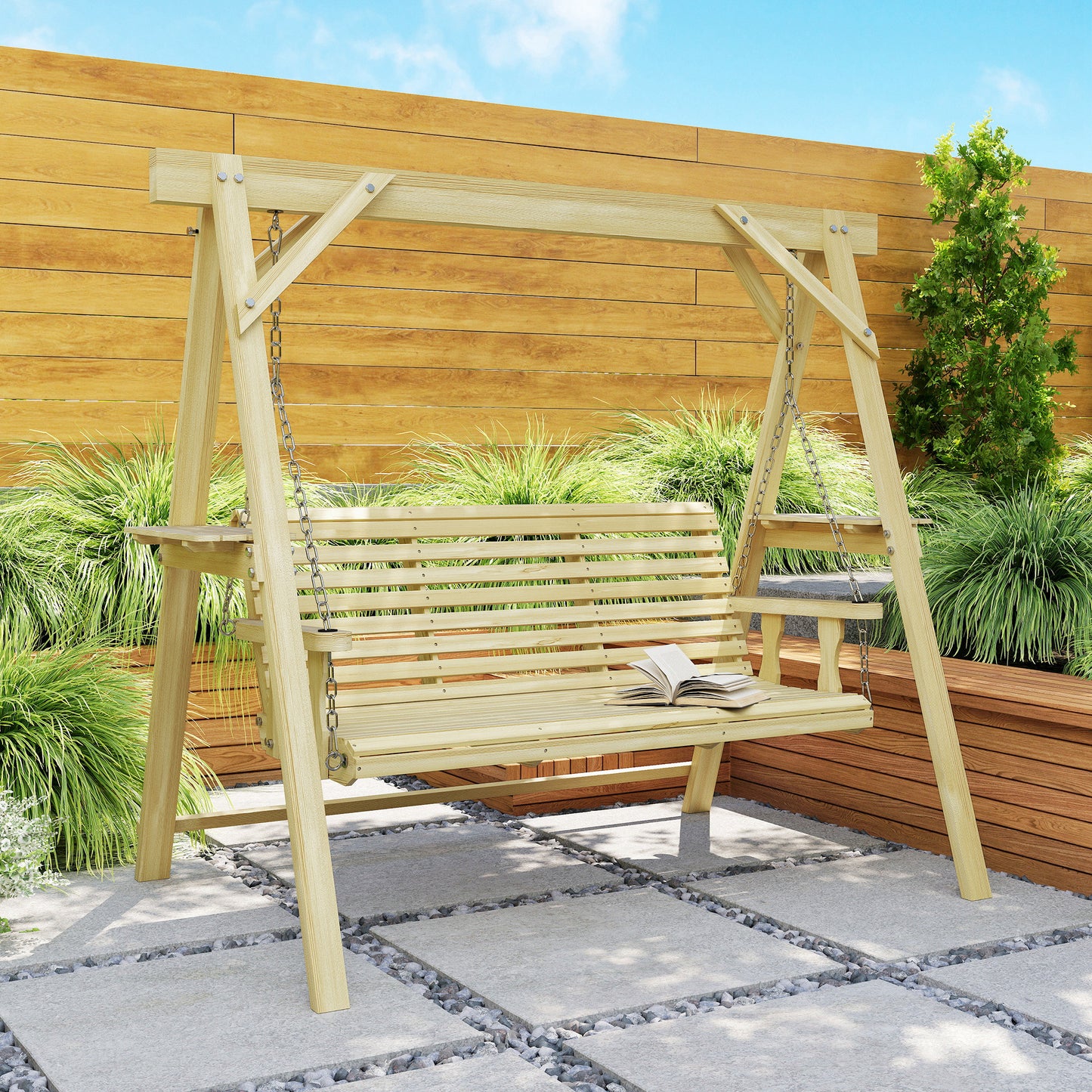 3 Seater Wooden Garden Swing Chair with Side Tables