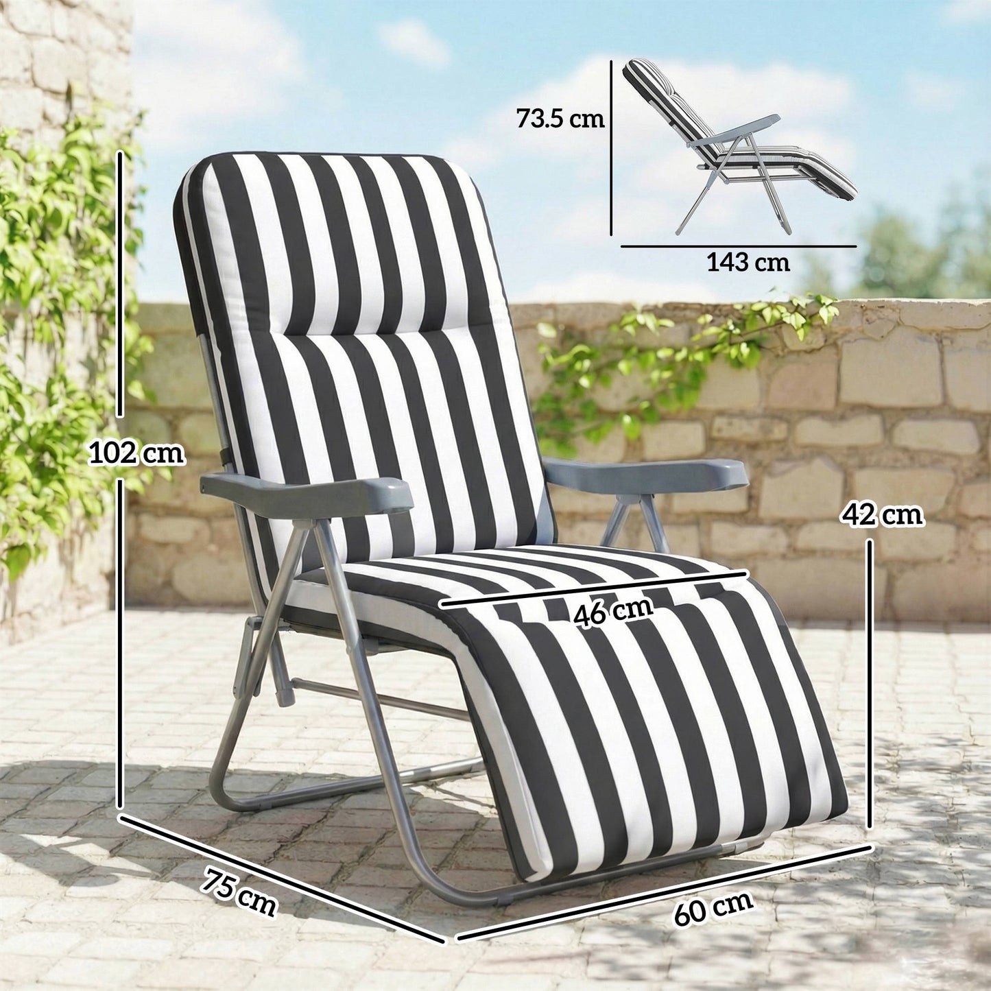 Set of 2 Adjustable Sun Lounger Recliner Reclining Seat Grey Stripe