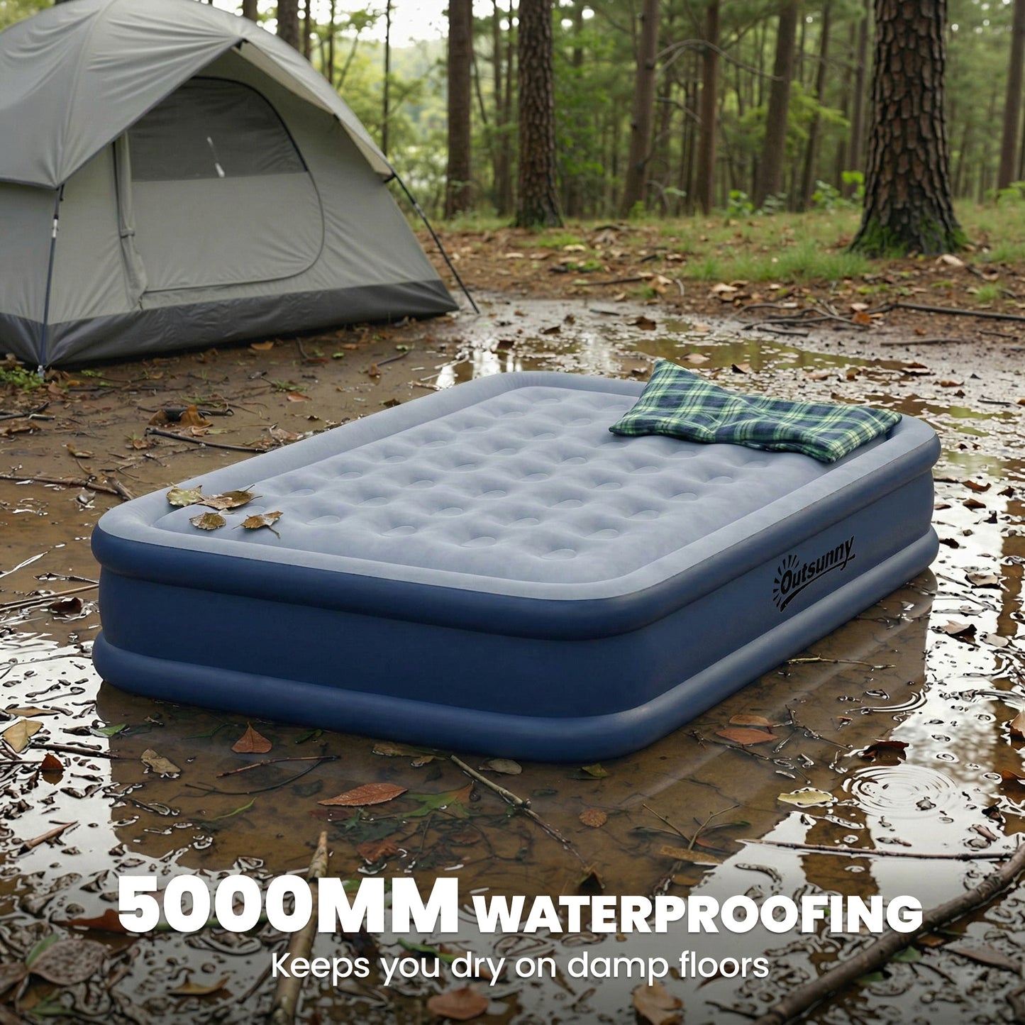 Inflatable Mattress, Double Air Bed with Built-in Pump, Grey