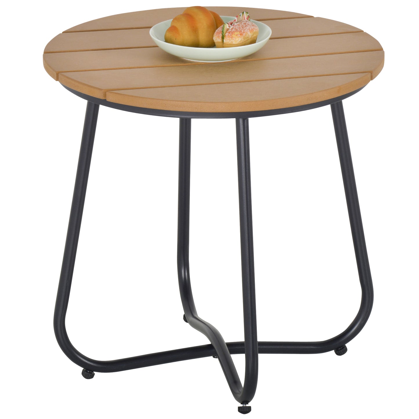 Round Outdoor Side Table Adjustable Leg Pads Natural Wood & Black