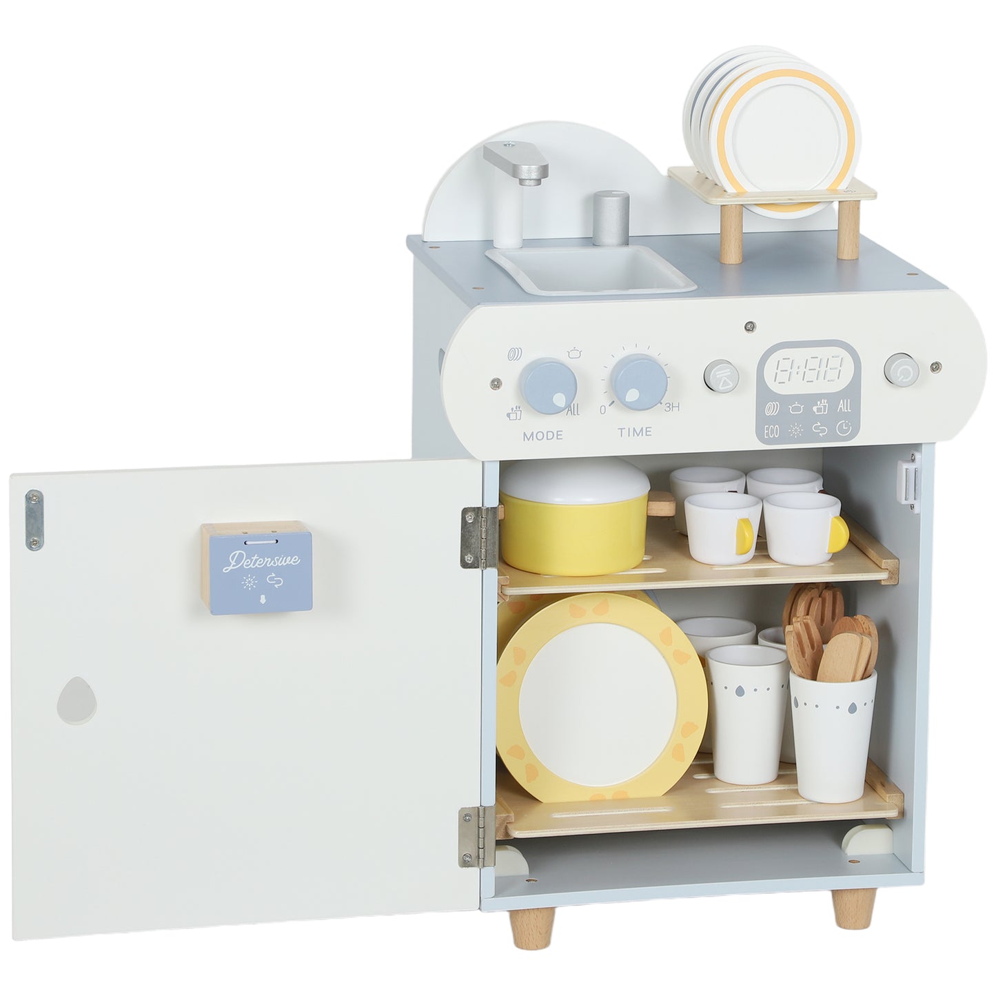 Wooden Dishwasher Playset, Kitchen Sink Toys with Accessories