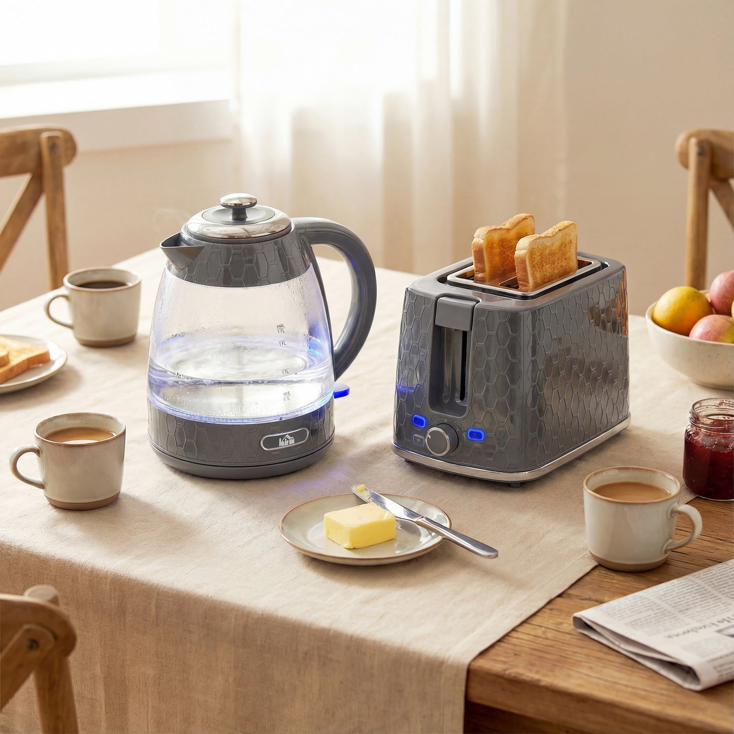 Kettle and Toaster Set with Limescale Filter, Crumb Tray, Grey