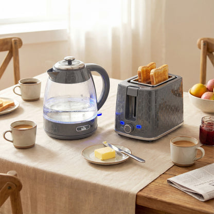 Kettle and Toaster Set with Limescale Filter, Crumb Tray, Grey