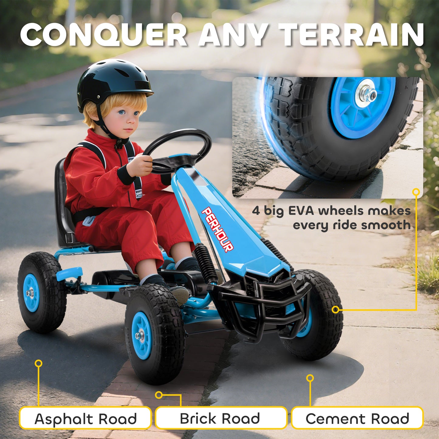 Kids Pedal Go Kart with Adjustable Seat, EVA Tyres, Blue