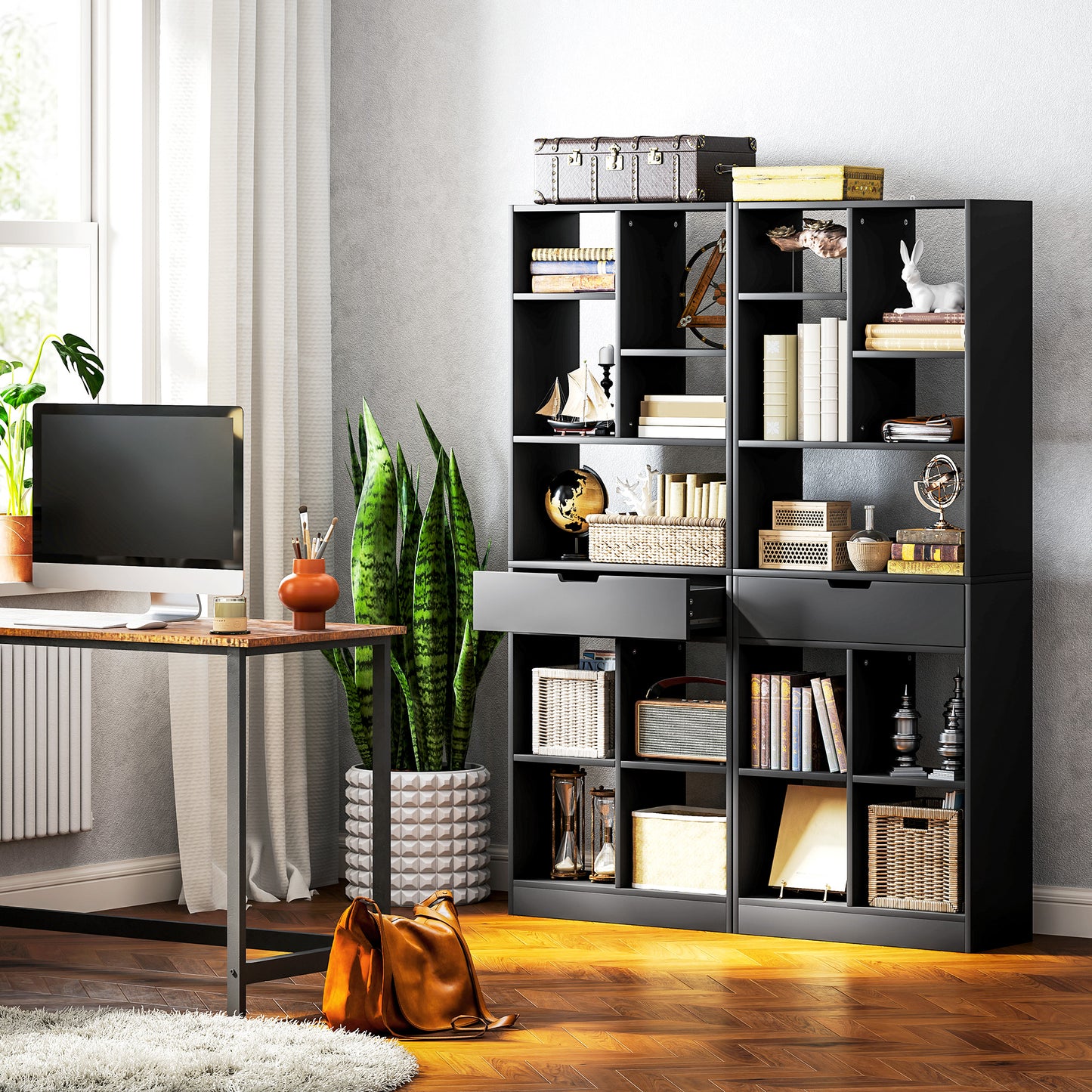 Freestanding Bookcase Display Shelf with Drawer for Home Office