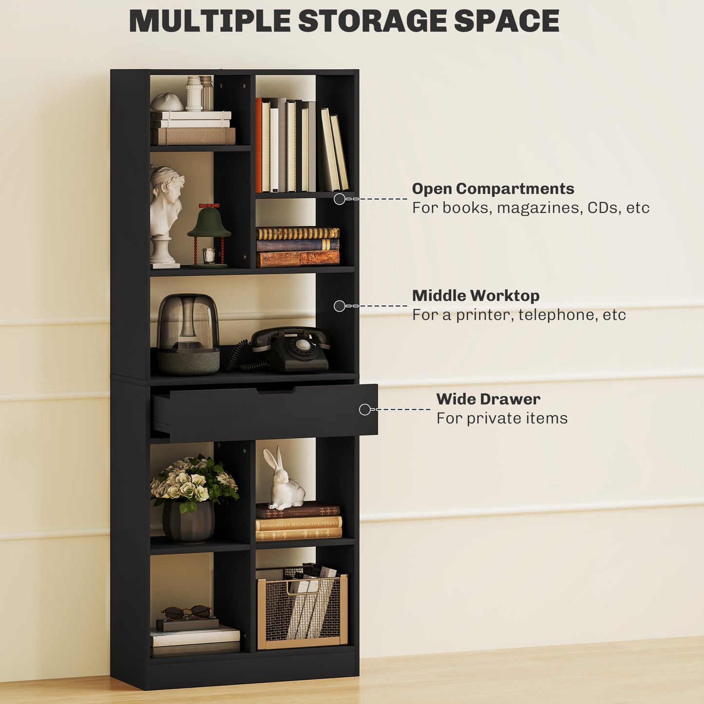 Freestanding Bookcase Display Shelf with Drawer for Home Office