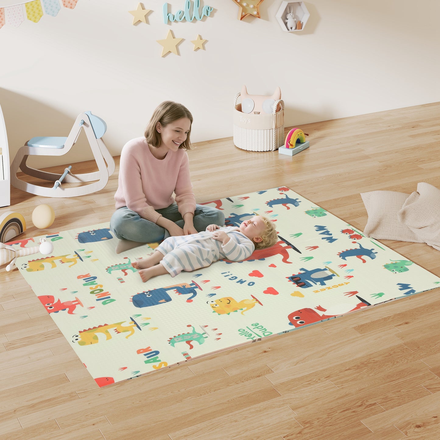 Baby Play Mat, Double Sided Crawling Mat, Dinosaur Theme