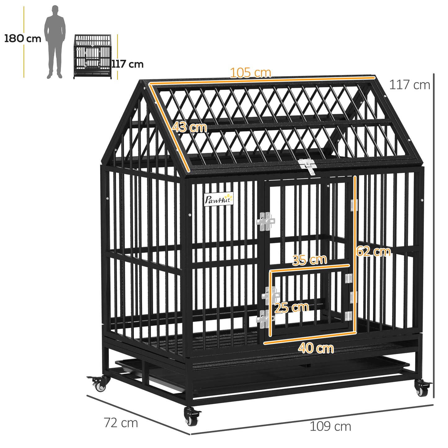 43" Heavy Duty Dog Crate on Wheels w/ Removable Tray, Openable Top