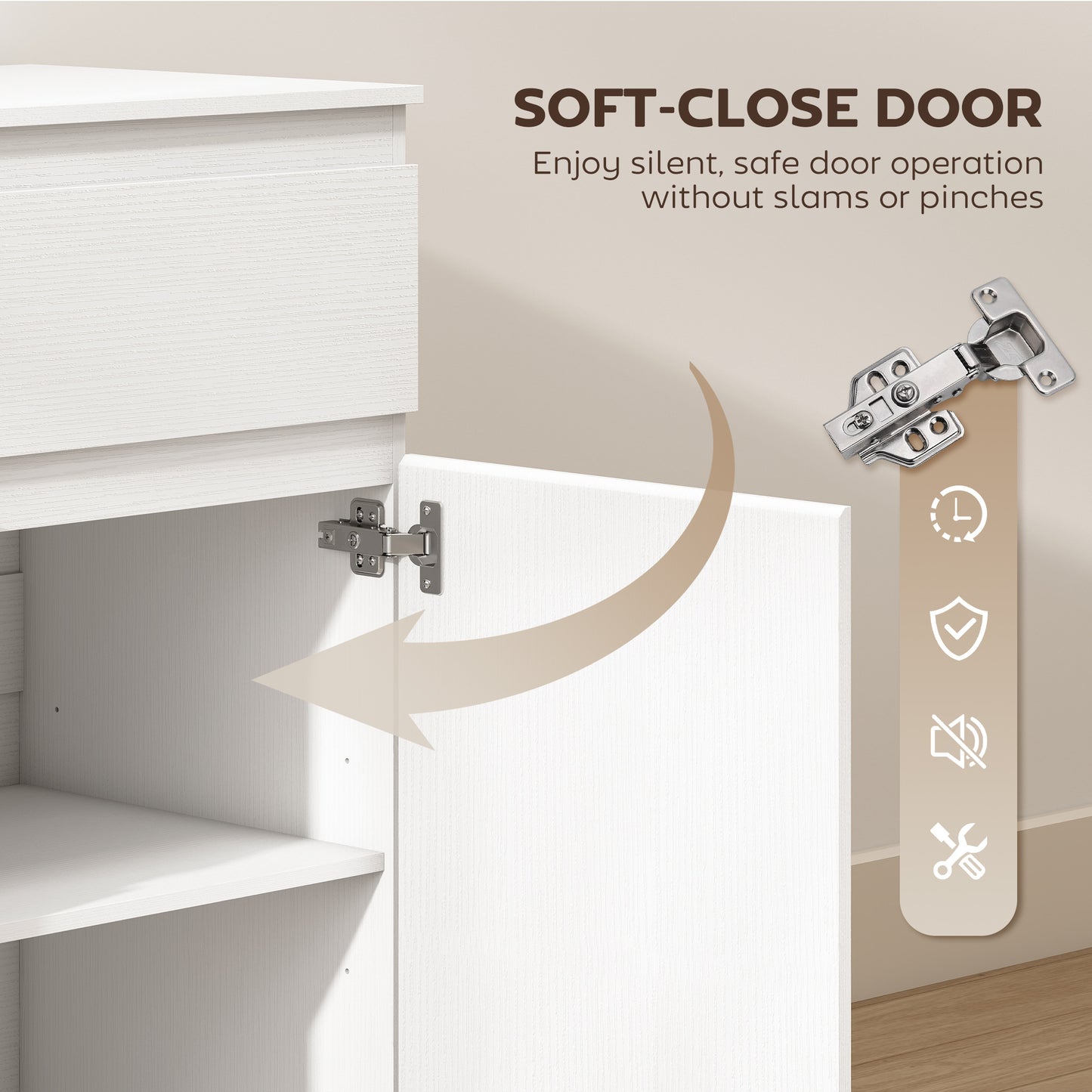 Sideboard Storage Cabinet, Kitchen Cupboard with 5 Drawers, White wood finish