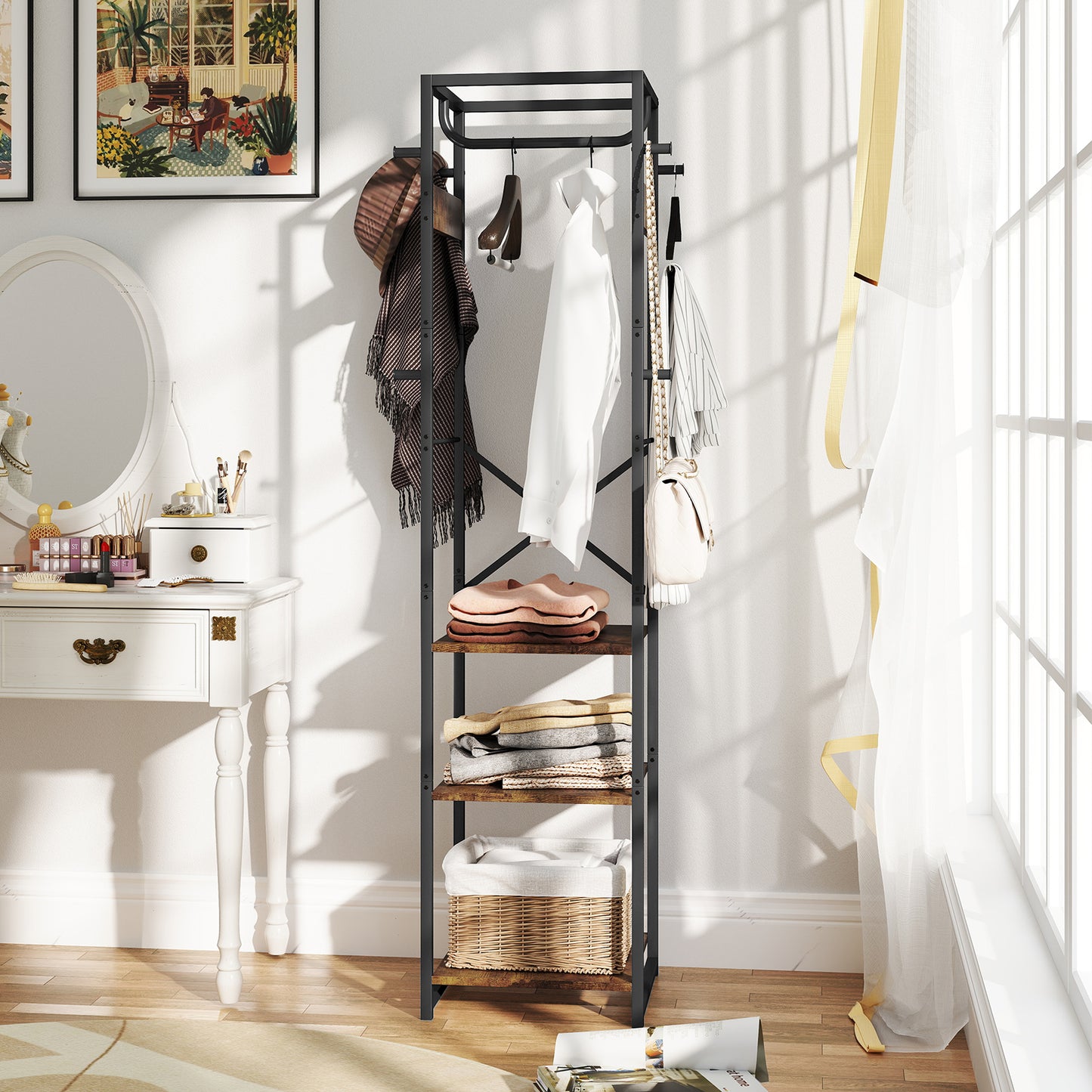 Clothes Rail with Storage Shelf and Hooks, Clothes Rack, Rustic Brown