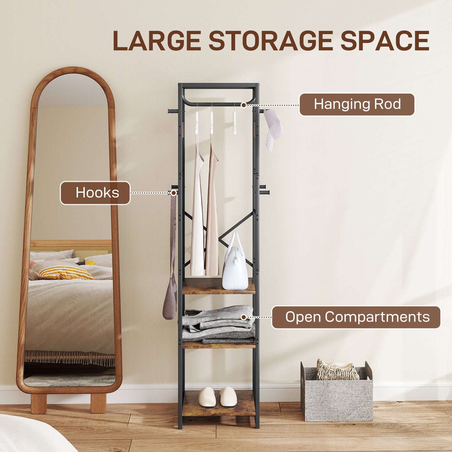 Clothes Rail with Storage Shelf and Hooks, Clothes Rack, Rustic Brown